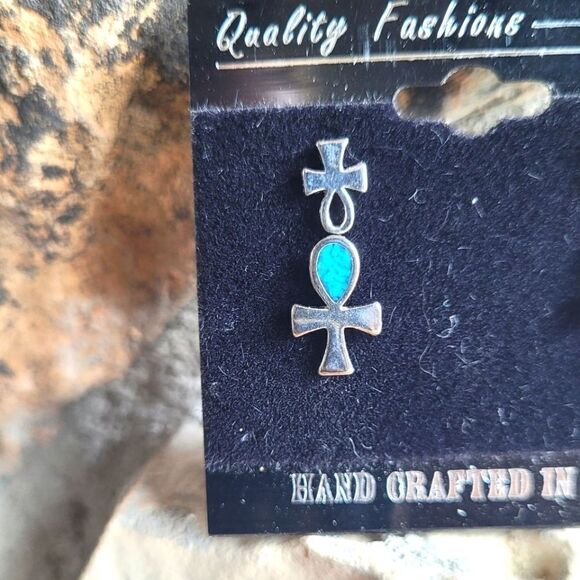 New! Egyptian Ankh Genuine Turquoise Inlay Set of Stud Earrings - Picture 2 of 3